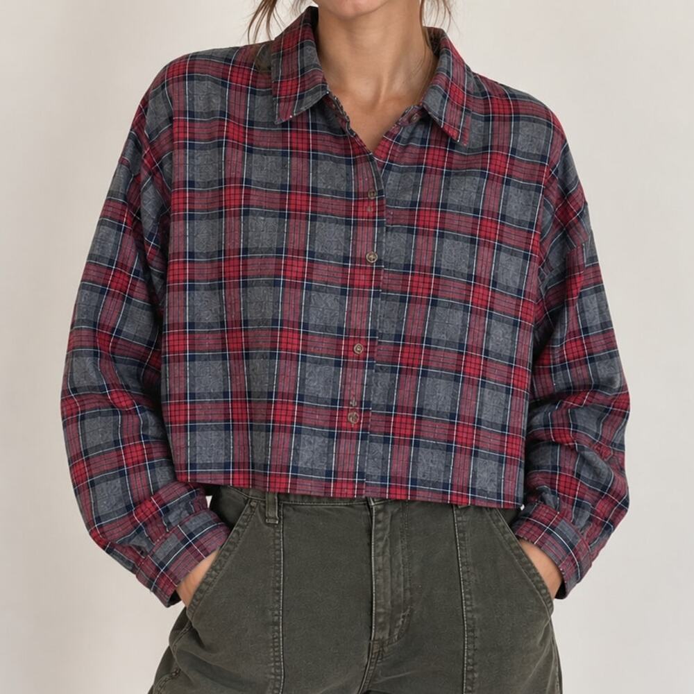 POL Women’s S Cropped Flannel Shirt Red Gray Plaid Button Up Grunge Indie Boxy